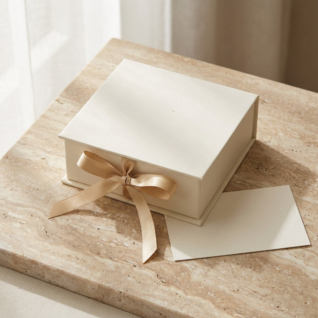 Ivory keepsake box with a satin ribbon and a blank note card