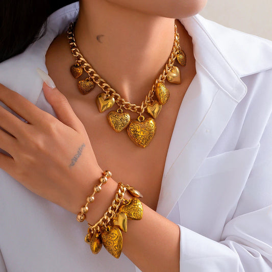 Statement Heart Necklace & Bracelet Set — product and styling view 1