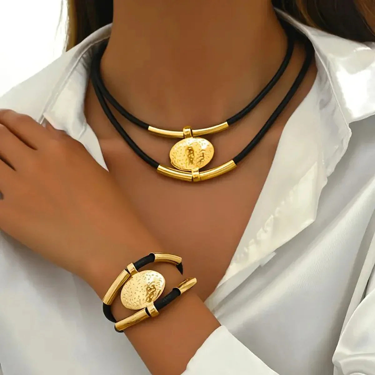 Textured Medallion Necklace Duo — product and styling view 1