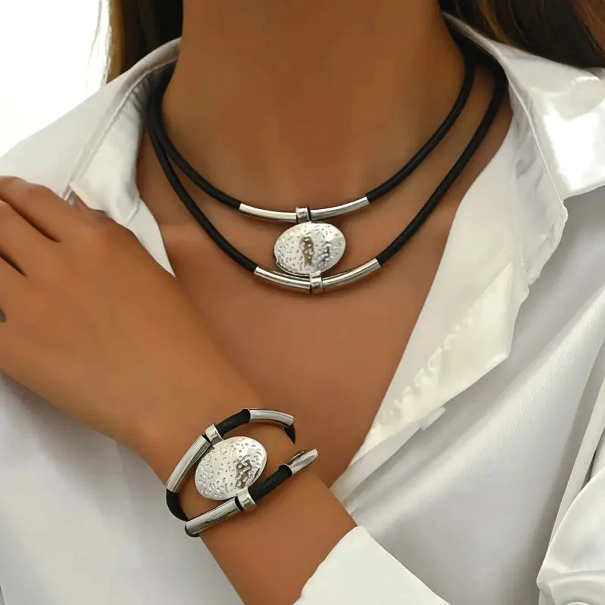 Textured Medallion Necklace Duo — product and styling view 2