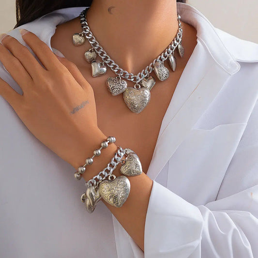 Statement Heart Necklace & Bracelet Set — product and styling view 2