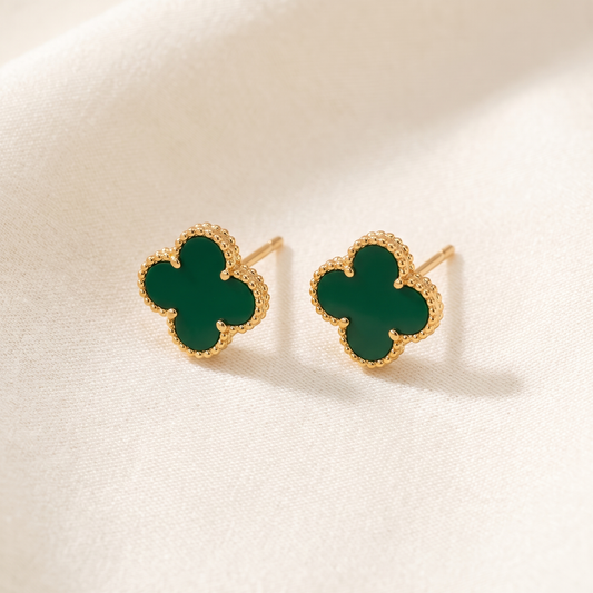 The Clover Studs in green on ivory linen