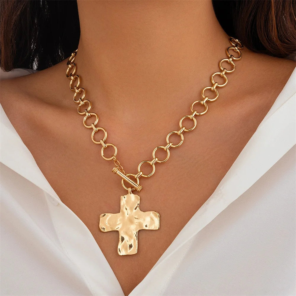 Statement Cross Necklace styled with an open white shirt